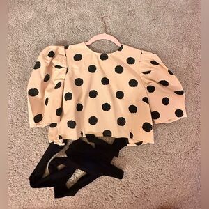 Elegant Black Polka Dot Puff Sleeve Crop Top